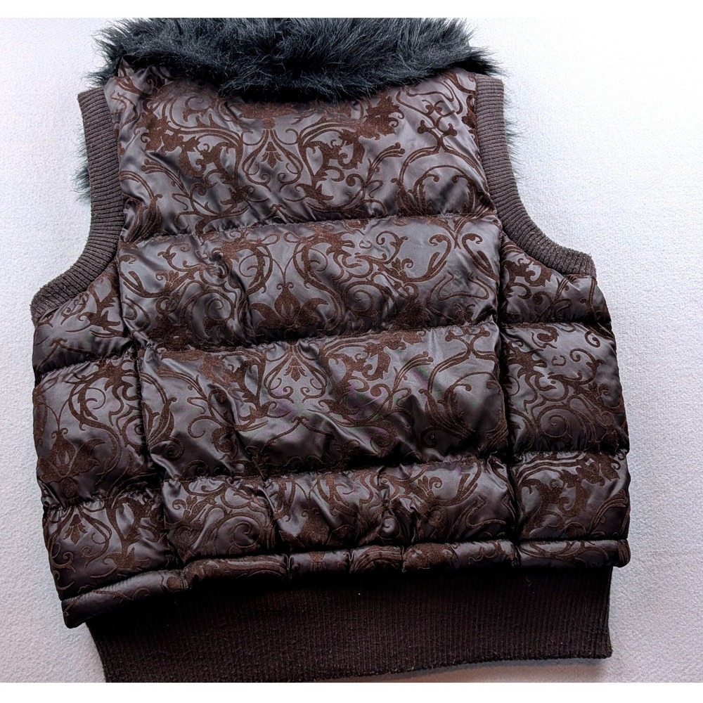 XOXO Womens Brown Damask Puffer Vest Faux Fur Collar Quilted Zip Up Size Large - Picture 7 of 7